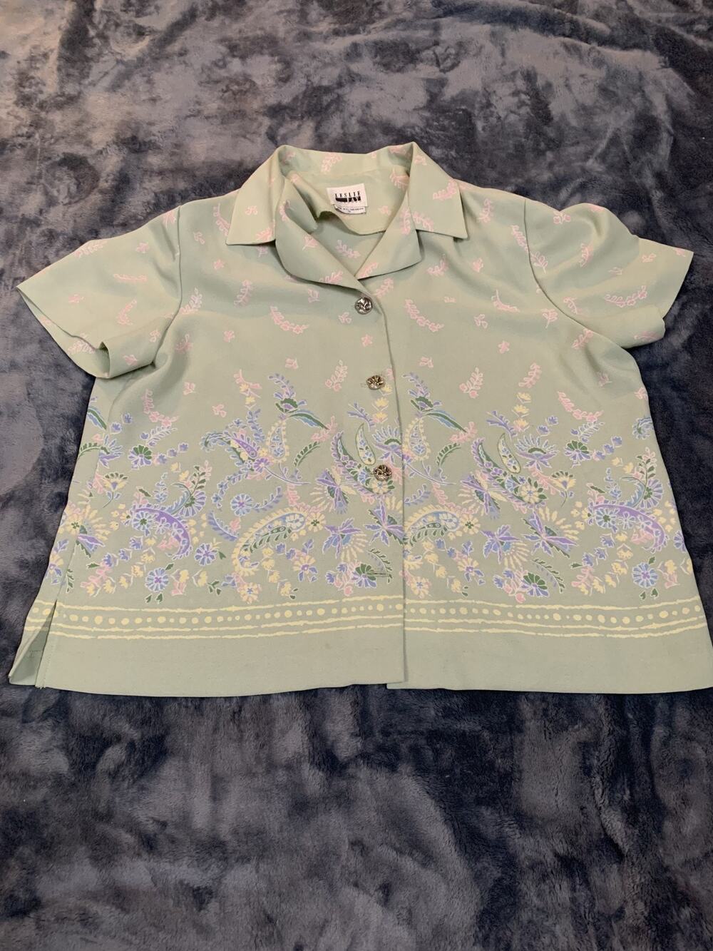 Vintage Leslie Fay Size Women's 18 Mint Green Floral Button Camp Shirt Blouse